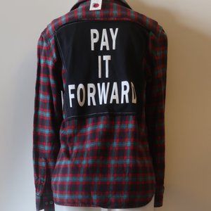NWT Womens Sojara Red, Navy, Teal Plaid "Pay It Forward" Flannel Shirt Sz S